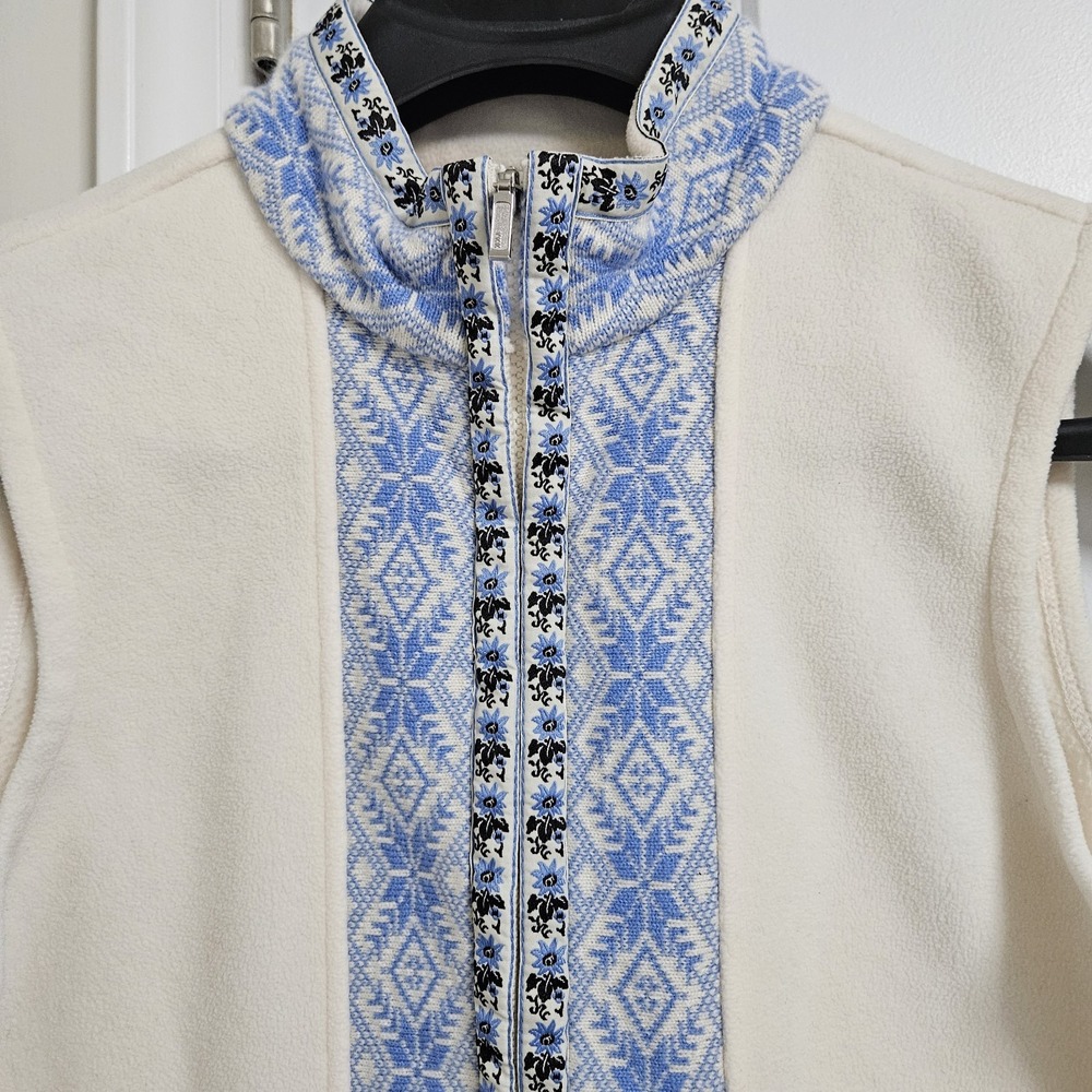 L.L. Bean Fleece Vest Womens Medium Cream Blue Nordic Snowflake Full Zip - Picture 5 of 11